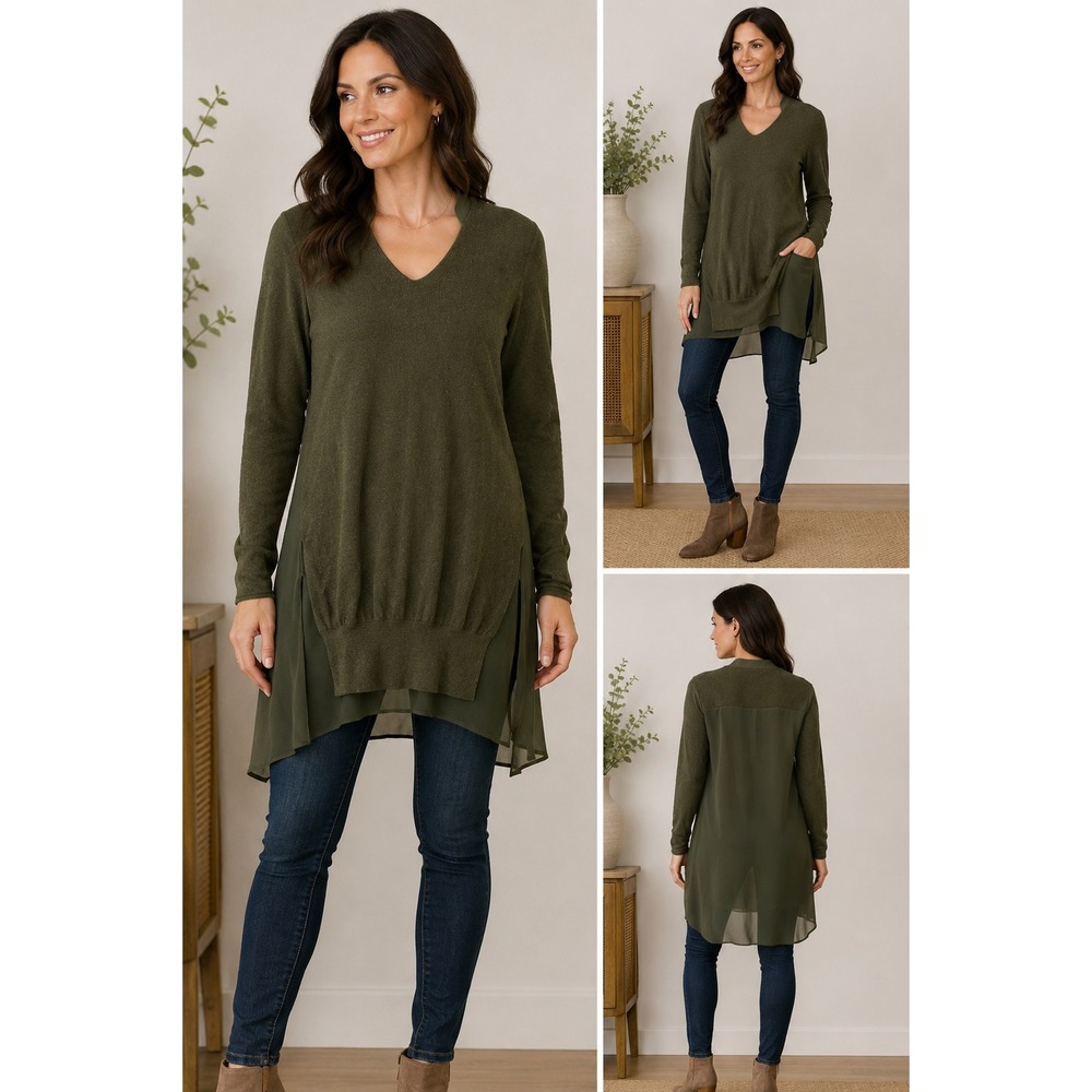 Stella Carakasi Olive Green Tunic Top Small Asymmetrical Hem Knit Chiffon